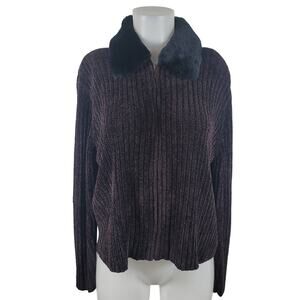 Valerie Stevens Chenille Faux Fur Neck Trim (Removable) Zip-Up Sweater Women's L